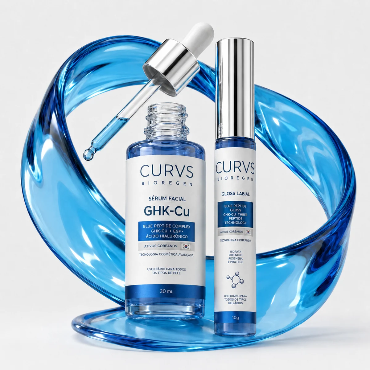 Sérum GHK-Cu e gloss CURVS BIOREGEN em composição azul escultural